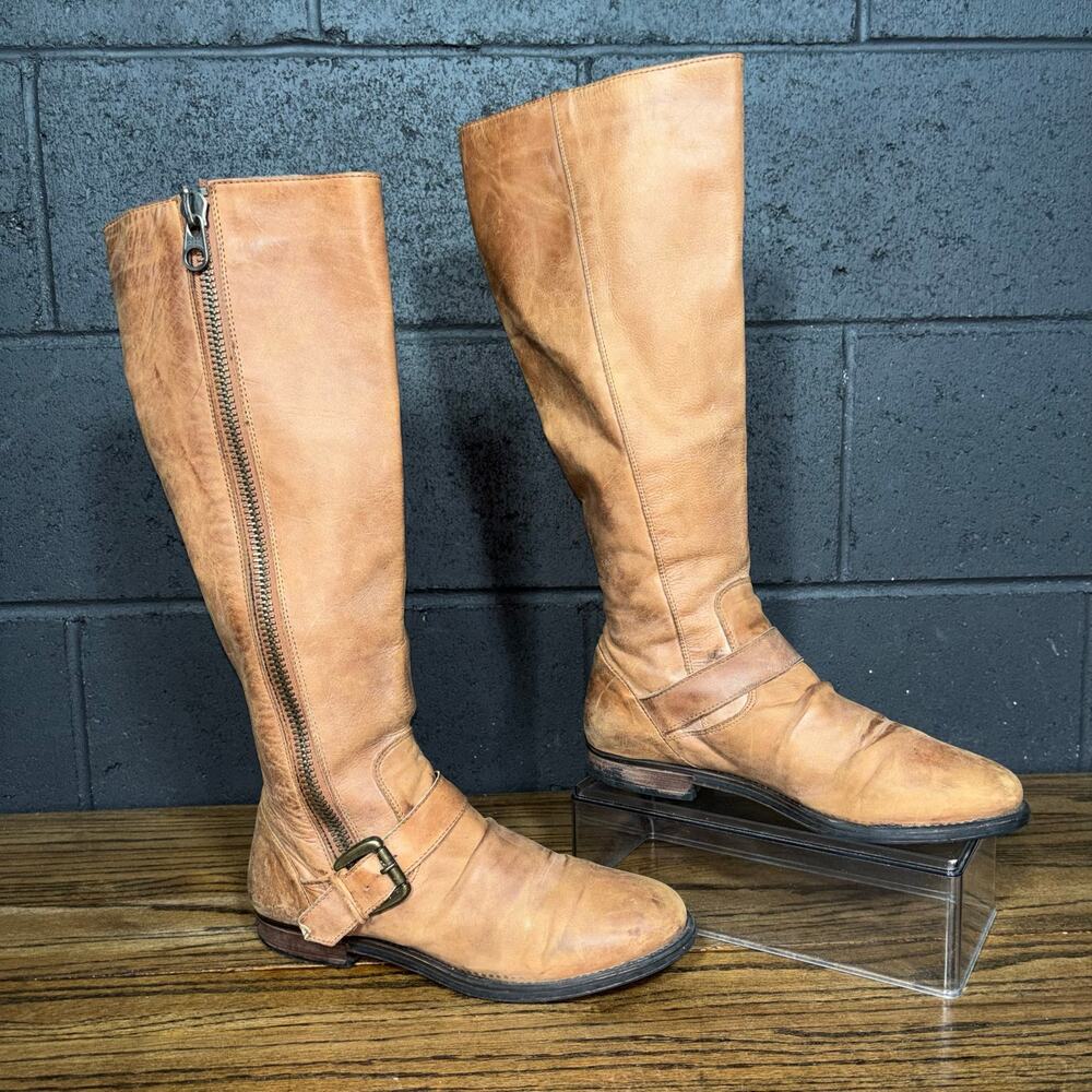 Steve Madden Brown Leather Knee High Moto Riding Boots Buckle Women’s 8.5